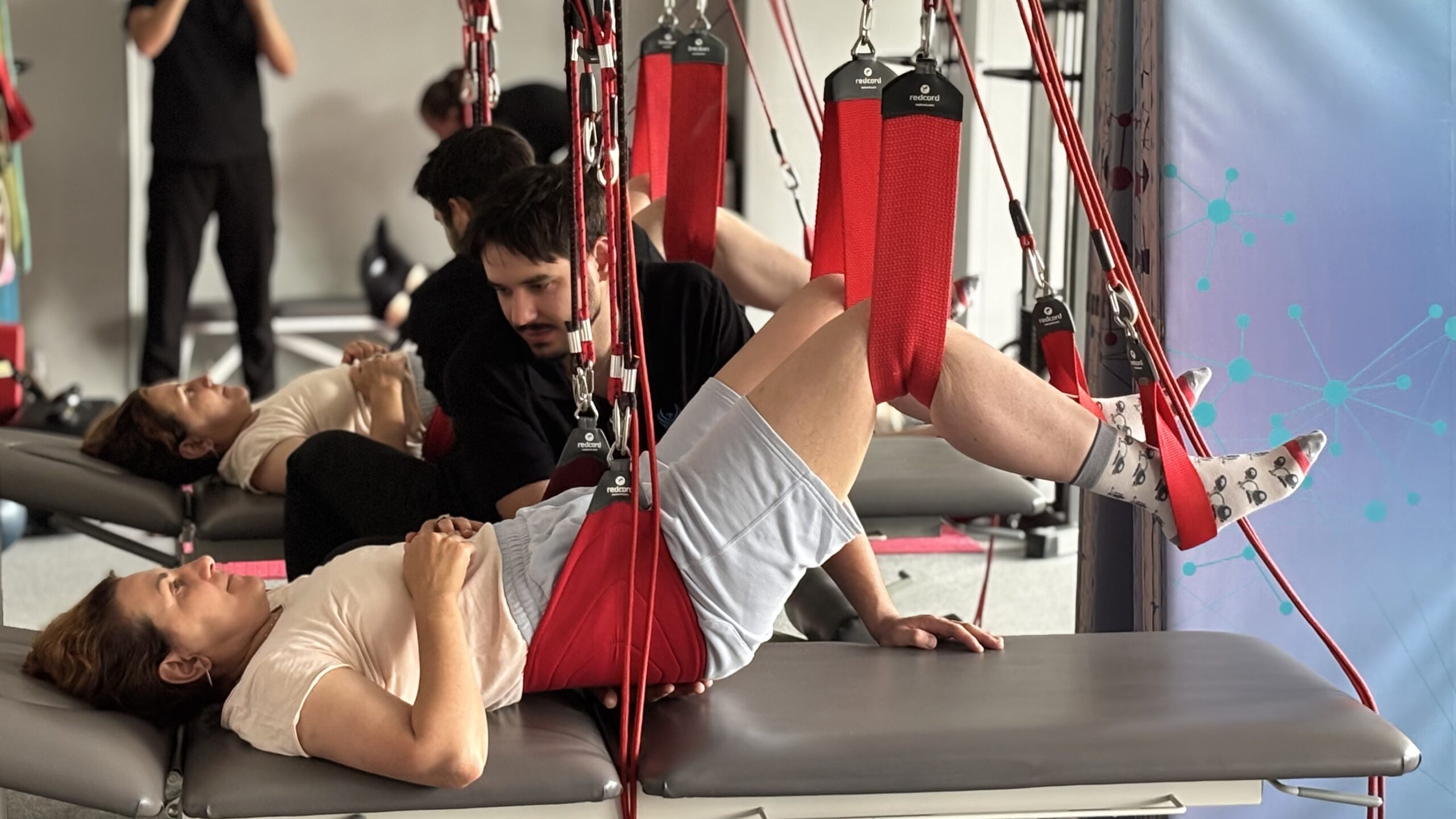Training using special rehabilitation equipment in a medical center.